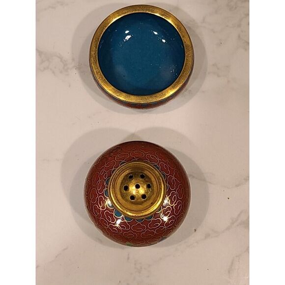 Cloisonné Open Salt Bowl Cellar Pepper Shaker Flower Enamel Brass Stacking PINK - Picture 2 of 10